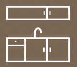 Minimalist kitchen cabinet icon with upper and lower sections in white.