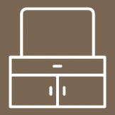 Simple white line drawing of a cabinet with a drawer and two doors on a brown background.