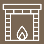 Icon of a fireplace with a flame inside on a brown background.