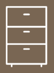 A simple three-drawer cabinet icon with a brown background.